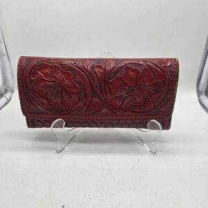 red floral tooled woven leather mexican bifold wallet flower artisan
